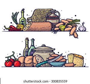 Still life with various sausages. Vector.