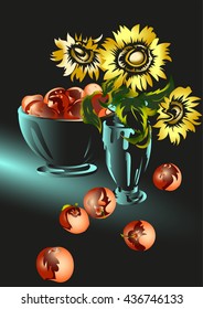 still life, vase of sunflowers and a bowl of apples on a dark background