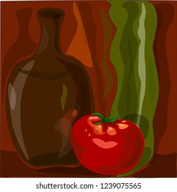 still life vase and tomato vector graphic