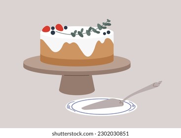 A still life vector, a cake decorated with berries and plant leaves on a stand, a spatula and a porcelain plate