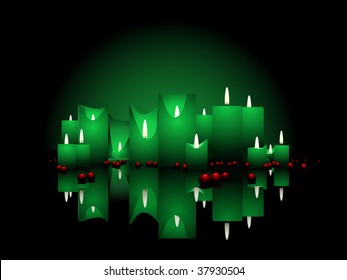 Still life of vector green candles and red beads