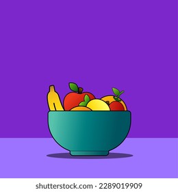 Still life vector illustration. Still life illustration of a bowl of fruit. Simple and relax of isolated of bowl of fruit for leisure design or painting art in purple background. Fruity basket design