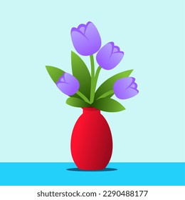 Still life vector illustration. Still life flower vase. Purple tulip flower in the red vase with white background. Vase of tulip on isolated background