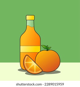 Still life vector illustration. Still life illustration of orange juice in the bottle and orange fruit. Simple and relax of isolated orange juice for leisure design or painting art in green background