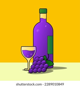 Still life vector illustration  Still life illustration wine   glass and grape in the yellow background  Simple   relax glass wine for leisure design painting art