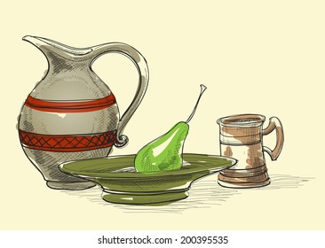Still life vector, jug, plate and pear, cup. Kitchen items decoration