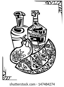 Still life with vegetables and bottles