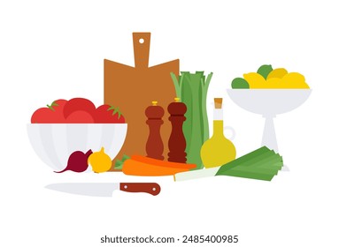 Still life with vegetables, cooking oil and spices. Cooking ingredients, preparing food, culinary. Simple and quit illustration. Flat vector, isolated