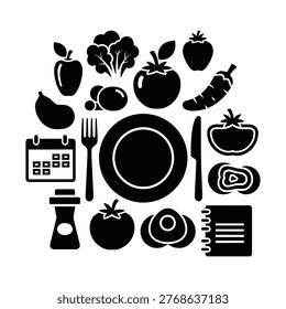 A still life of vegetables and kitchen tools arranged around a central plate.