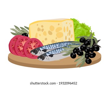 Still life of vegetables with seafood and olives. Vegetarian diet herring, olives, tomatoes , cheese and salad. Painting Mediterranean kitchen design recipes, showcases.