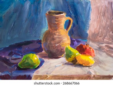 Still life with Vegetables and Vase. Painting. Gouache on Paper