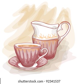 Still life with a vintage cup and cream. Watercolor style.
