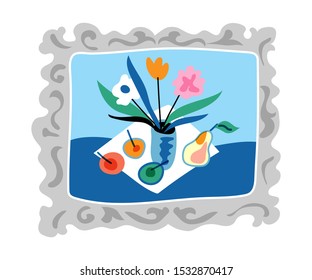 Still life in vintage frame flat illustration  Hand drawn vector wall painting isolated white background  Cartoon canvas and flower vase   fruits  Art gallery picture design element