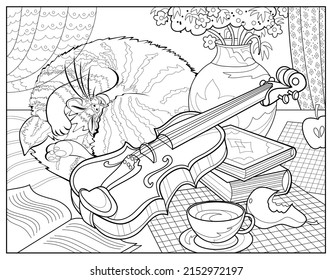 Still life with violin and sleeping cat. Coloring book for children and adults. Image in zen-tangle style. Printable page for drawing and meditation. Black and white vector illustration.