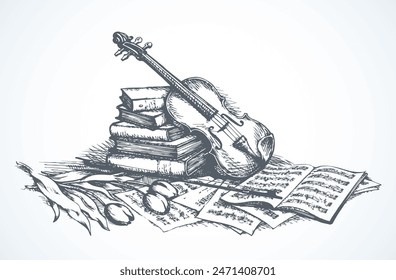 Still life with a violin. Vector drawing