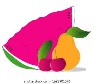 still life of watermelon, cherry and pear
