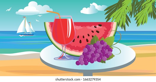 Still life with watermelon, grapes and a drink in a glass on a table under palm trees by the sea. A sailboat and seagulls are visible in the distance. The concept of a pleasant holiday by the sea