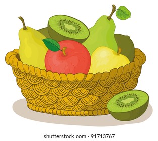 Still life, wattled basket with sweet fruits: apples, pears, kiwi. Vector