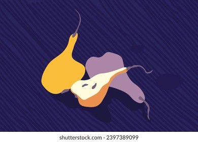 Stillleben mit Vollbein- und Halbbirnfrüchten. orange und violette Birnen auf blauem Hintergrund. Naives Poster-Grafikdesign. Cartoon-Flachstil. Minimalistische abstrakte Vektorgrafik