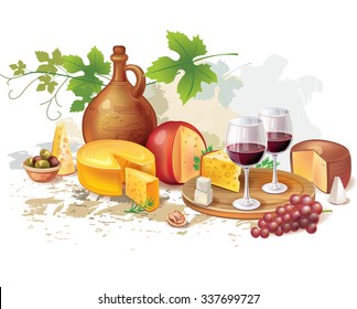 Still life of wine, cheese and grapes