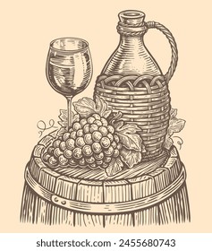 Still life wine concept. Jug or bottle, oak barrel, bunch of grapes, glass. Sketch vintage vector illustration 