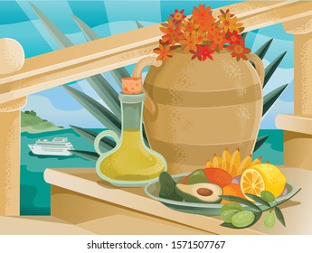 still life of wine, vases, fruits, vegetables, lemon, avacado, banana, mango stands on the terrace against the backdrop of the sea landscape in summer, calm, silence, rest,