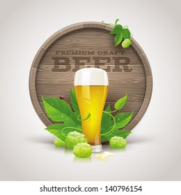 Still life with wooden cask, beer glass and ripe hops and leaves - vector illustration