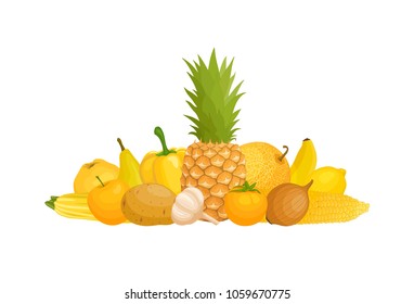 Still life of yellow vegetables and fruits. Vector illustration. A composition of yellow food.