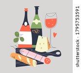 Still-life. Bread, salami, cheese on a black chopping Board. A few bottles of wine and a glass of red wine. Vector illustration in a flat style on a gray background.