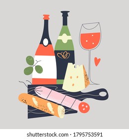 Still-life. Bread, salami, cheese on a black chopping Board. A few bottles of wine and a glass of red wine. Vector illustration in a flat style on a gray background.