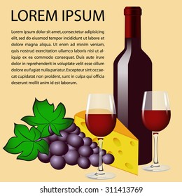 Still-life, composition. Bottle of red wine, two glasses, grape and cheese. Place for your text. Vector Image.