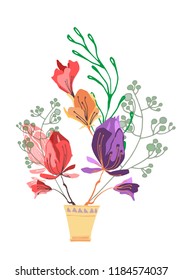 Still-life composition of house flowers, autumn grasses and berries, jug. Care of the garden, cosiness in the house. Colorful hand drawn vector stock illustration.