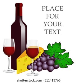 Still-life, composition on a white background. Bottle of red wine, two glasses, grape and cheese. Place for your text. Vector Image.