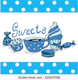 still-life with a cup cupcake macaroon and sweets and candies