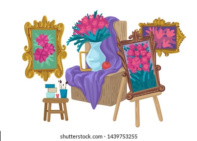 Still-life with flowers in a vase, oil painting on canvas in a frame, easel, exhibition or painting lesson, creative hobby, artists club. Vector flat cartoon illustration