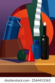 Still-life. Handmade vector wall painting. A bottle, a can, and geometric shapes in a minimalist style. Modern fashionable flat vector style