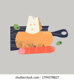 Still-life. Life painting. Bread, salami, cheese on a black chopping Board. Vector illustration.