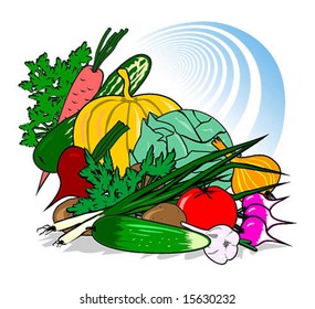 Still-life from vegetables on a background of a blue spiral
