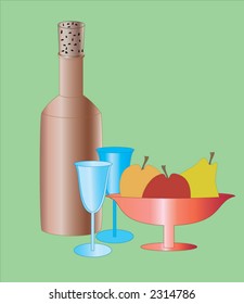 Still-life. Wine, glasses, fruit