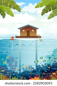 Stilt house and coral reef with tropical fishes. Vector illustration with coral farm. Underwater landscape and hut on a cloudy blue sky.