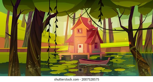 Stilt house at forest swamp with moored wooden boat. Old shack on piles in fantasy wood, witch hut, computer game background, mystic nature landscape with marsh pond, Cartoon vector illustration