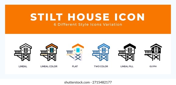 Stilt house icon set with different styles. Vector illustration.