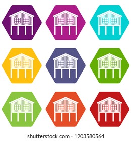 Stilt house icons 9 set coloful isolated on white for web