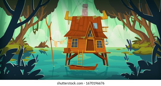 Stilt house in swamp with boat. Marsh landscape with old hut. Vector cartoon illustration of wild rain forest with lake, pond or bog with wooden house