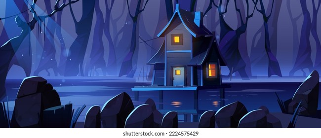 Stilt house in swamp in forest at night. Deep dark woods landscape with trees silhouettes, river or lake and wooden hut in water, vector cartoon illustration