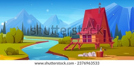 Stilt hut near mountain stream nature game vector. Beautiful wood house near river water and pine tree forest cartoon background scene. Stump with axe and shack porch on summer landscape concept [[stock_photo]] © 