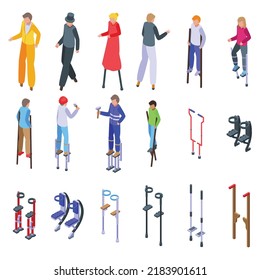 Stilt icons set isometric vector. Active children. Boy people