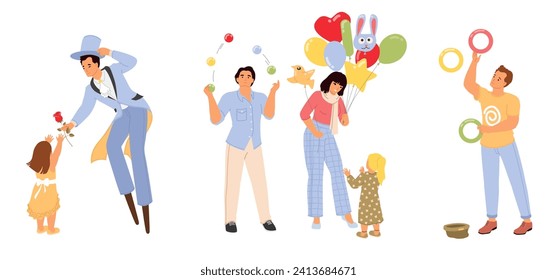 Stilt walker, balloon seller, balls and rings juggler performing on street vector illustration isolated set on white background. Street artists cartoon character entertainment