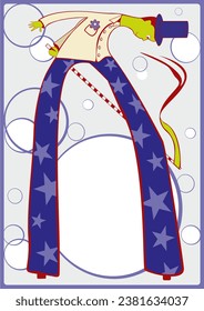 Stilt walker with flag on light blue background with soap bubbles