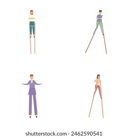 Iconos de caminante de zancos conjunto de Vector de dibujos animados. Jóvenes caminando sobre zancos. Circo y arte callejero